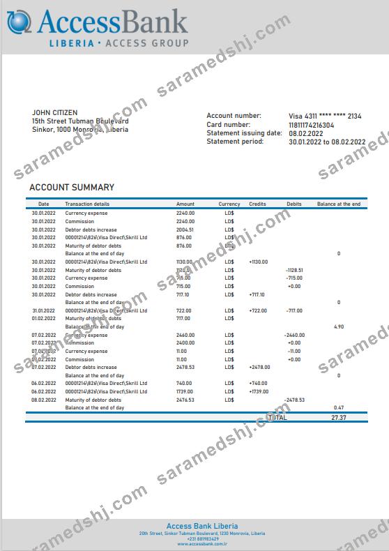 Liberia Access Bank statement template in Word and PDF format